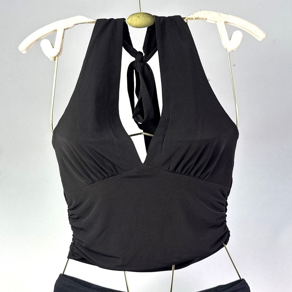 Moa Moa Womens Black Ruched Halter Top Deep V-Neck Open Back MTM791-ITYK Size M
